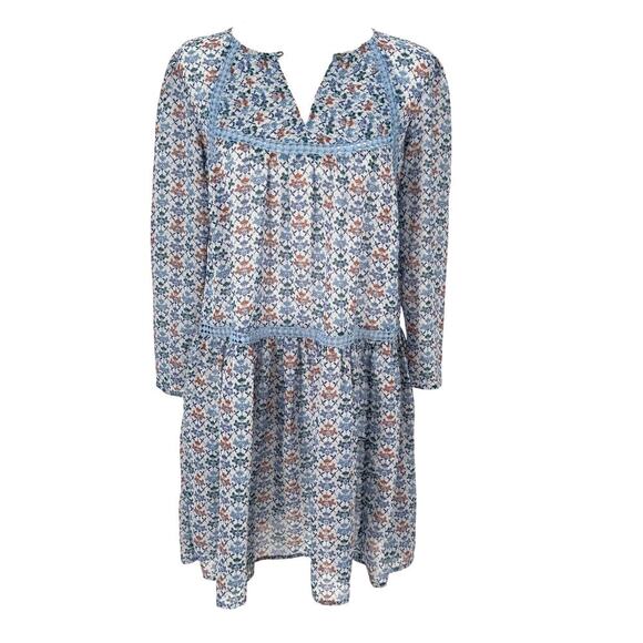 Holding Horses Anthropologie Blue Boho Floral Dress Women’s Size 0 Crochet Trim - Picture 1 of 10